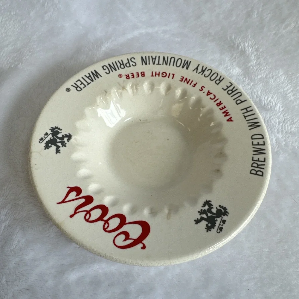 Vintage Coors Beer Ceramic Ashtray Rocky Mountain Spring Water Cream‎